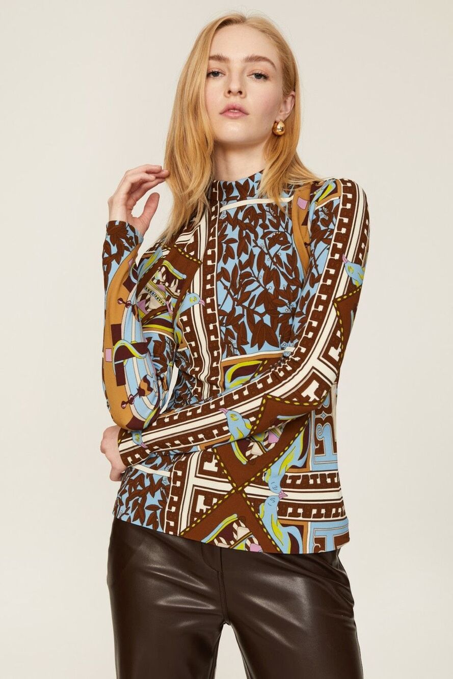Tory Burch Geometric Garden Turtleneck Long Sleeve Top in Brown Blue Size 10